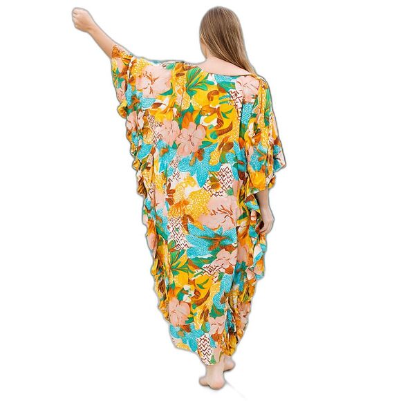 NEW Easel Small - Large Multi-Color Kaftan Style Maxi Dress Ruffle Sides Pockets - Picture 2 of 16